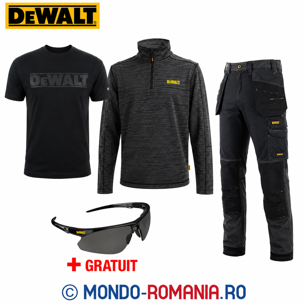 Pantaloni DeWALT Memphis, 1 tricou DeWALT, 1 jacheta DeWALT JONESBORO + gratuit 1 ochelari 